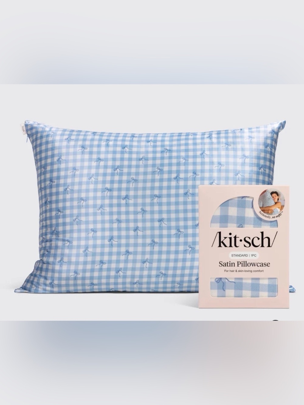 Kitsch Blue Gingham Bow Satin Pillowcase Standard